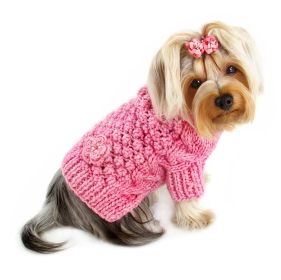 Pink Bobble Stitch Turtleneck Hand Knitted Sweater (Color: Pink, Size: XL)