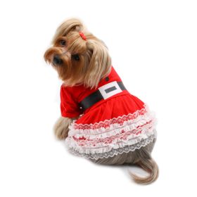 Lace Ruffles Puffy Sleeves Christmas Dress (Color: Red, Size: S)