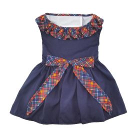 Navy Dog Dress with Plaid Ruffles (Size: Large)