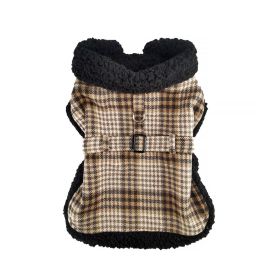 Sherpa-Lined Dog Harness Coat (Color: Brown & White Plaid, Size: Medium)