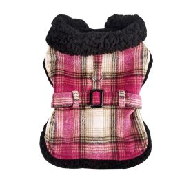 Sherpa-Lined Dog Harness Coat (Color: Hot Pink & Tan Plaid, Size: Large)