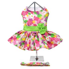 Pink Hawaiian Floral Dog Harness Dress with Matching Leash (Size: Small)