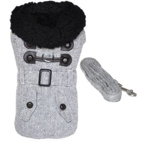 Grey Herringbone Designer Harness Coat and Matching Leash (Size: Medium)